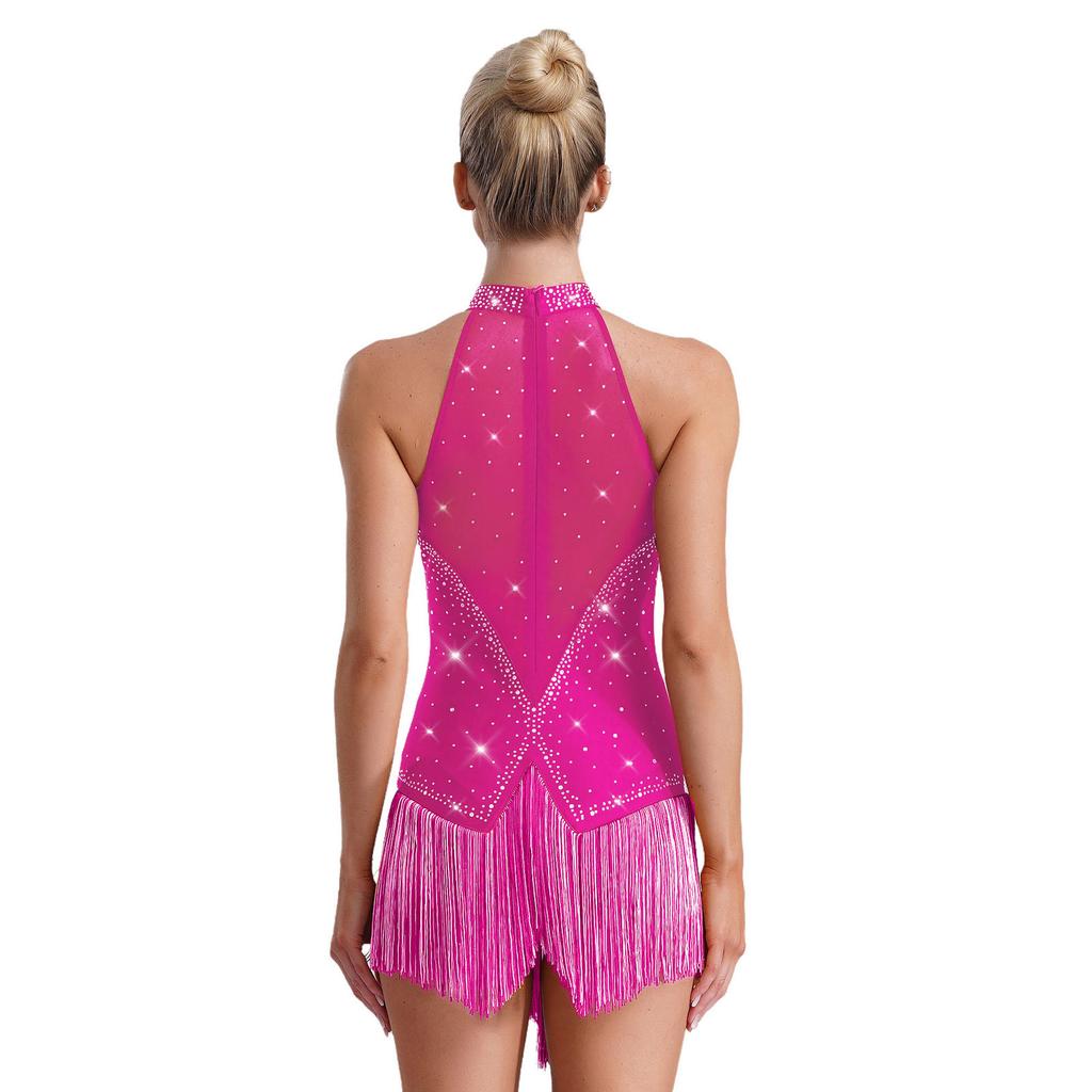 Leotardo de baile latino sin mangas para mujer, de malla transparente con patchwork, brillantes diamantes de imitación y borlas con flecos.