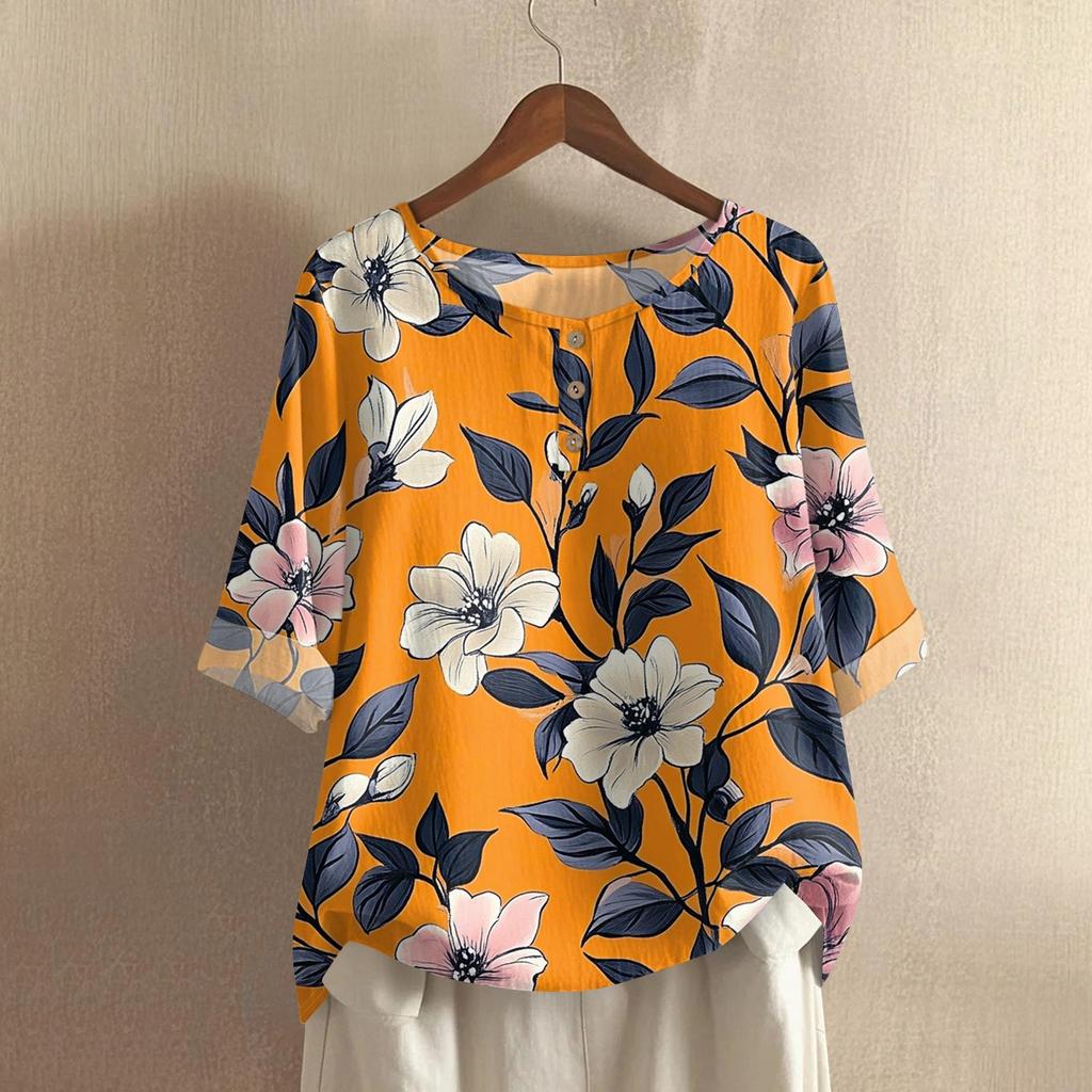 Women's Fashionable And Casual Shirt Half-sleeve Round Neck Print Blouse Top