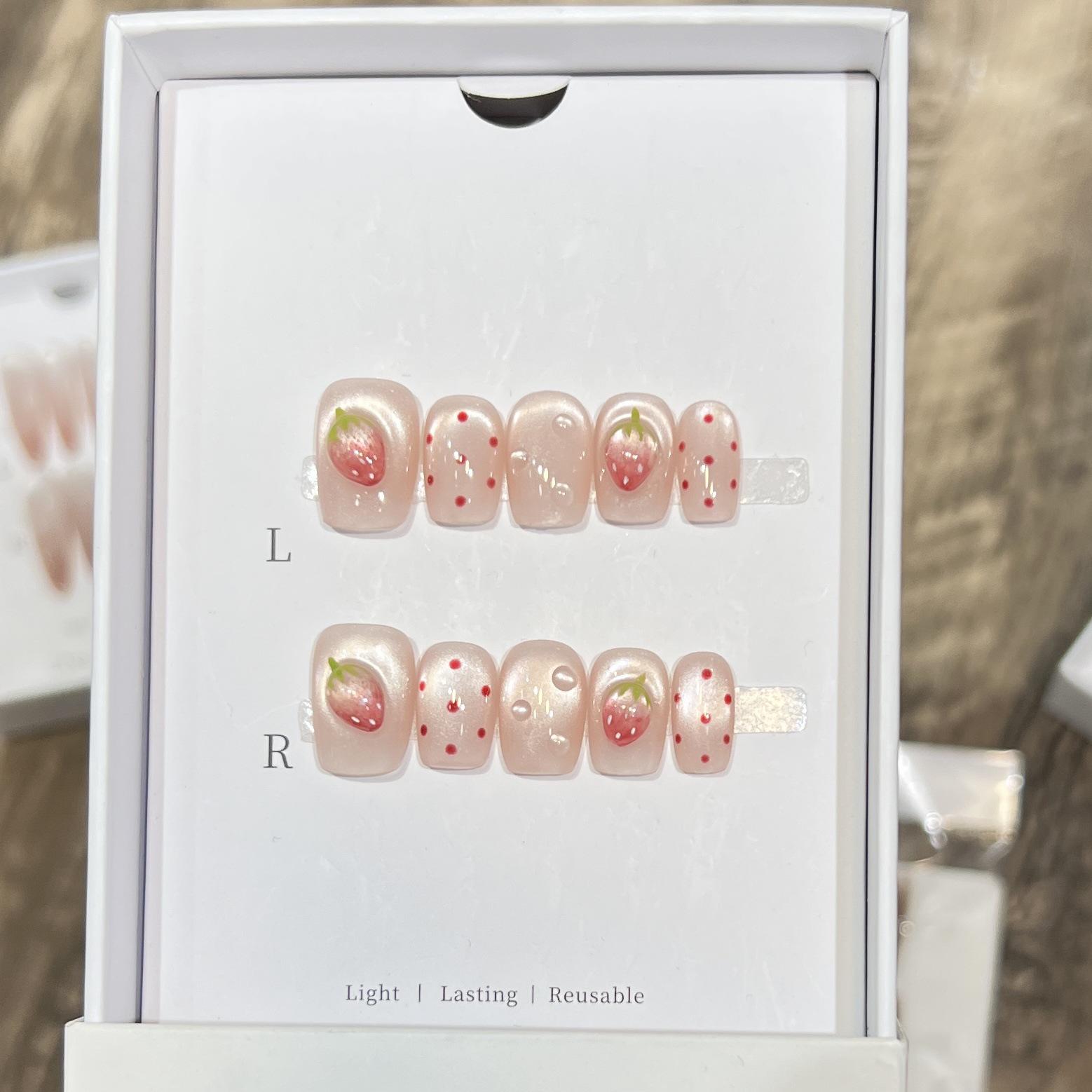

Derryson Cat Eye French Strawberry Press-On Nails - Handmade & Hand-Painted Medium M