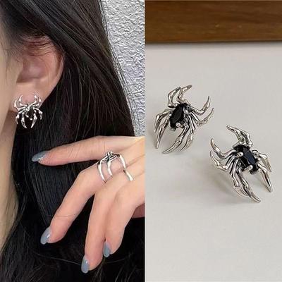 Copper Color Spider Stud Earrings for Women Unique Design Punk Personality Female Small Earrings Black Enamel Fashion Zircon