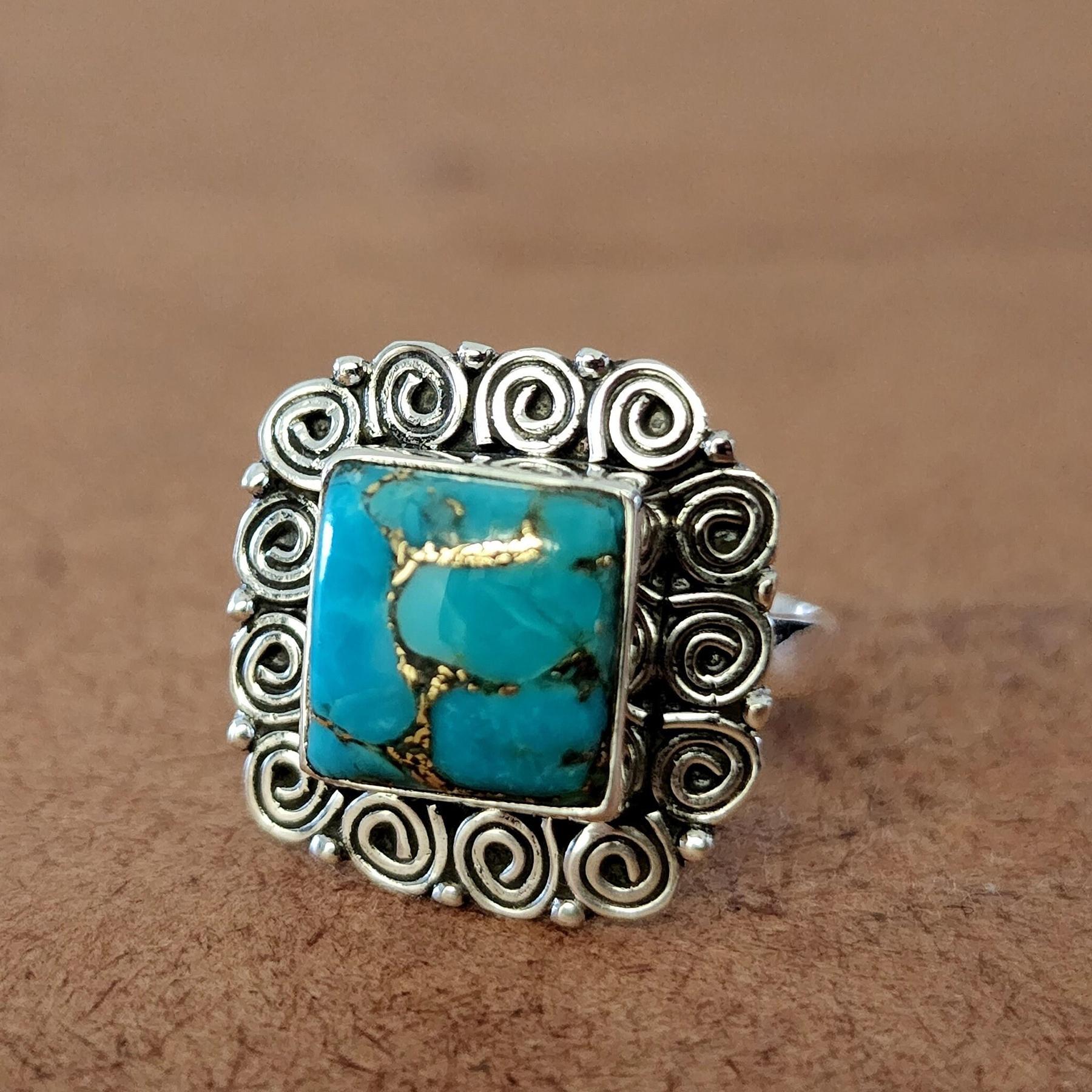 

Square Blue Copper Turquoise Boho Style 925 Sterling Silver Ring Jewelry, Native Style Turquoise Handmade Ring 10