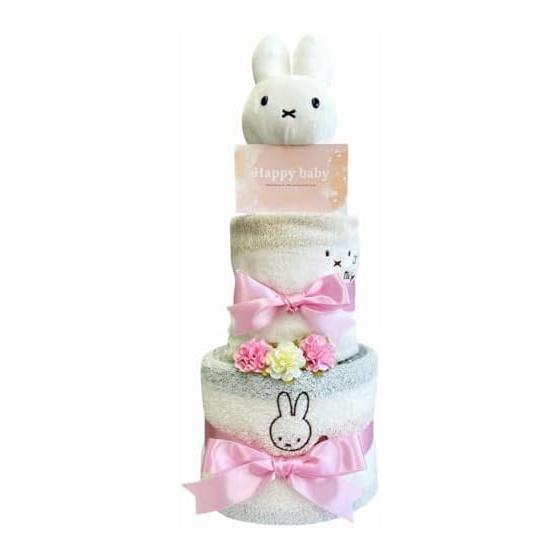 [enicy] Diaper Cake Miffy Baby Gift Miffy Plush Towel 2 Pieces 2 Tier Girls Gift Set (Size Diaper, 15 Pampers)
