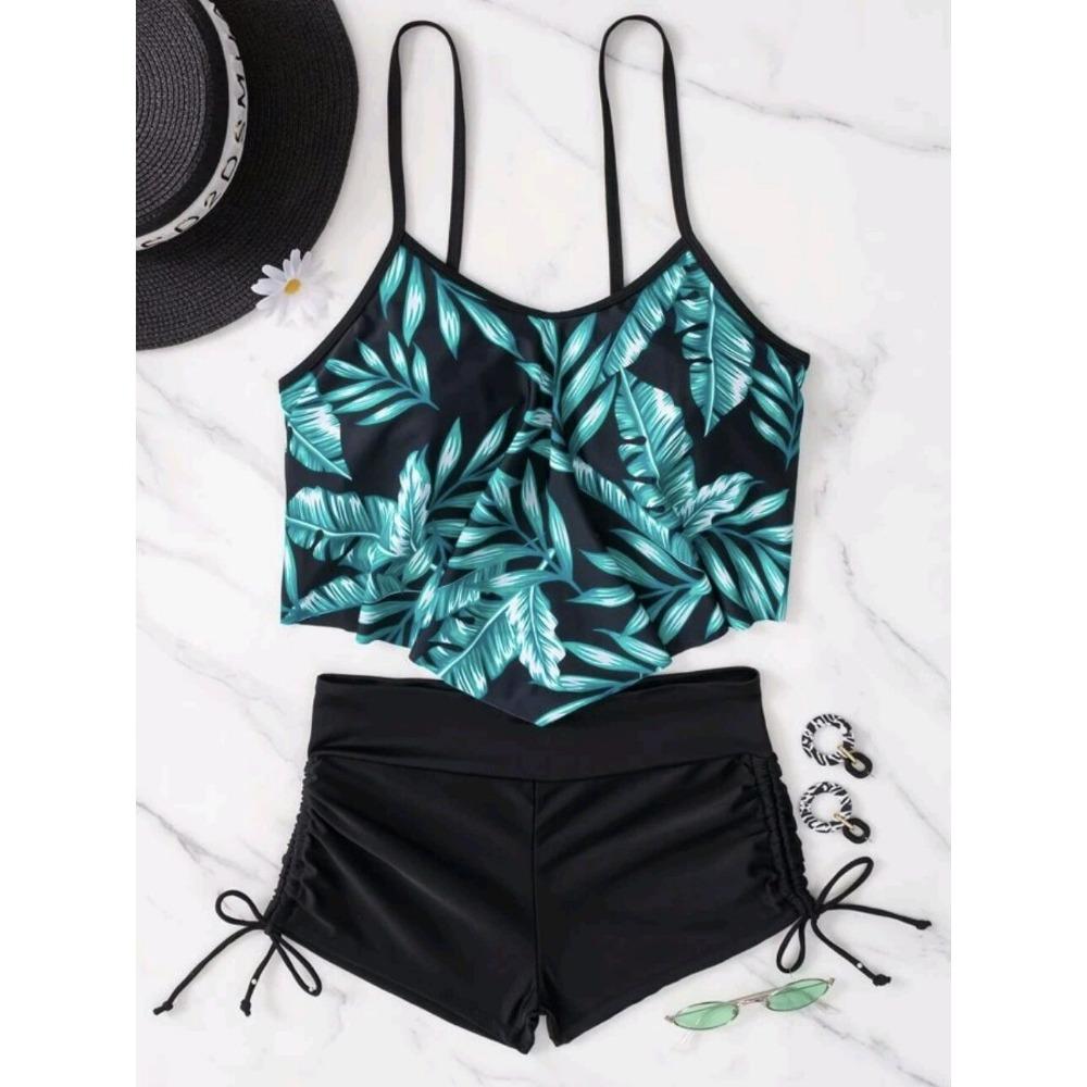 European and American Swimwear Printed Multi-color Large Lotus Leaf Corset Drawstring Boxers Swimsuit