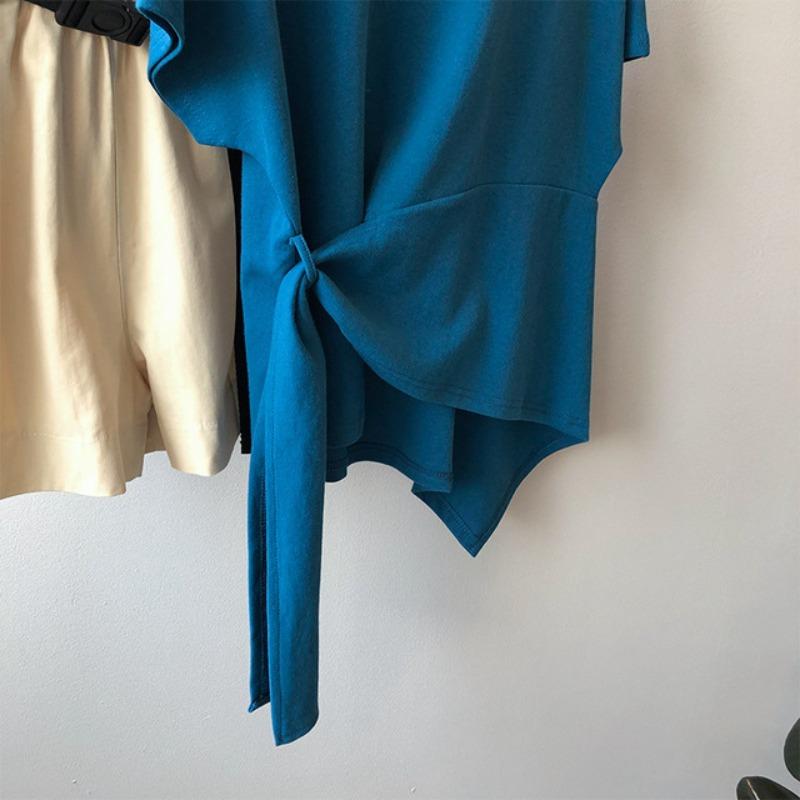 Summer New Short Sleeve Cotton Casual T-shirt Women Irregular Design Tied Solid Base Loose T Shirt Women Fashion Round Neck Simple Lady Tee Tops 25927