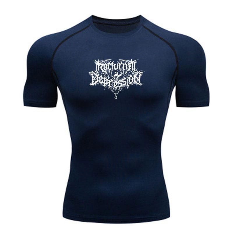 Men's Quick Dry Compression Sport T-Shirt, Dark Gothic Text Print Athletic Fitness Workout Top for Gym Jogging Training Active Wear