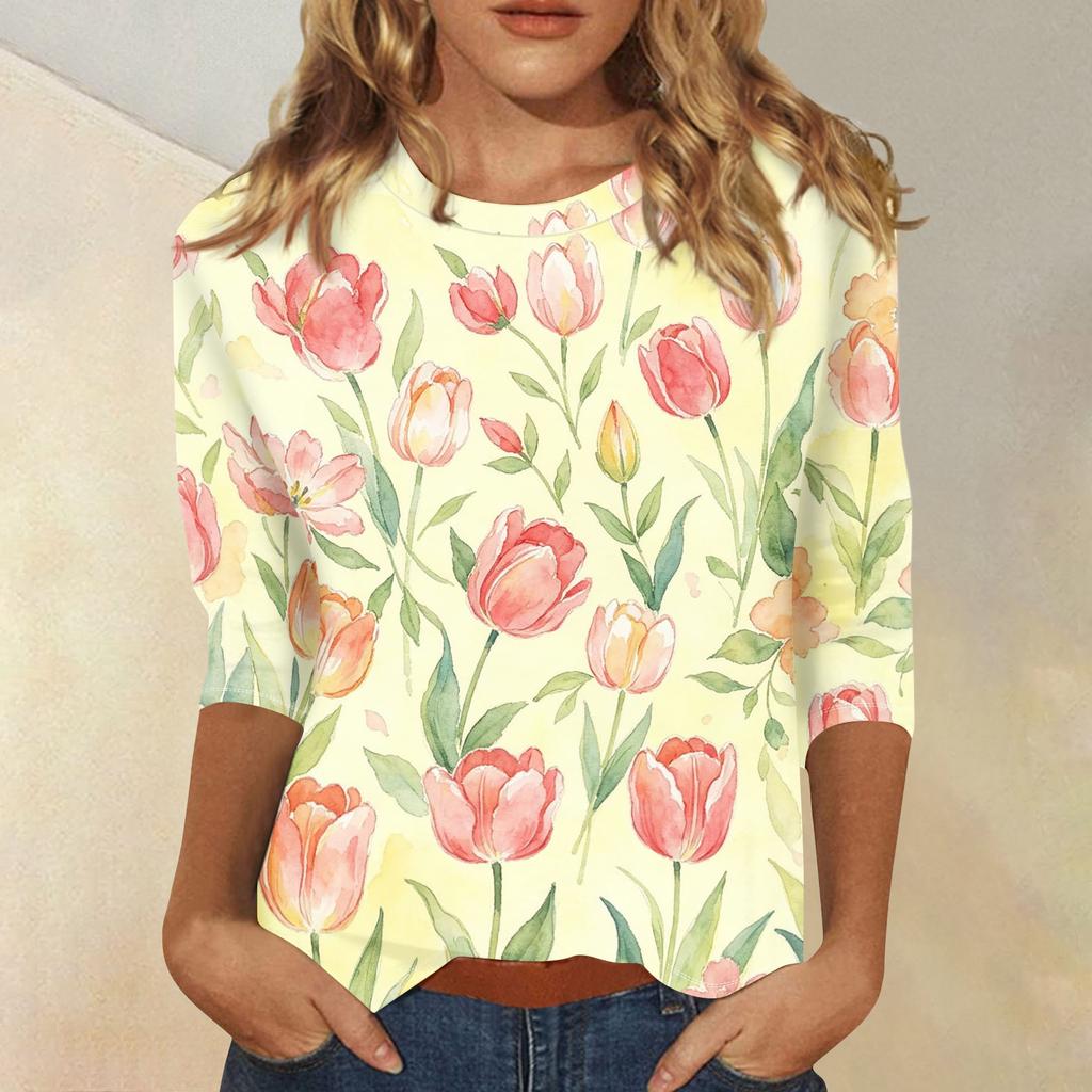 Damen Casual Dreiviertelarm Blumenprint Rundhalsausschnitt Oberteil Leichter Weicher Stoff Bequeme Passform Bluse für den Alltag