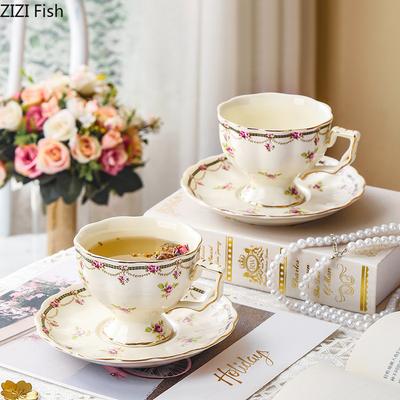 Golden Edge Ceramic Cup&saucer Pattern Floral Coffee Mug Dining Table Milk Mugs Afternoon Tea Teacup Fruit Juice Container