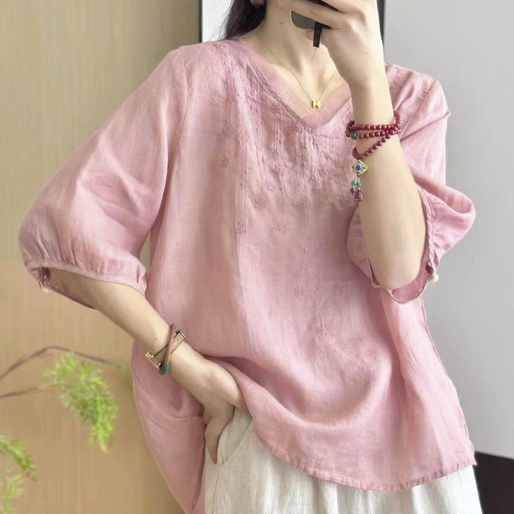 Summer 2026 Women's Plus Size Cotton Linen Two-Piece Suit with Slimming Embroidery for Middle-Aged and Elderly Mothers