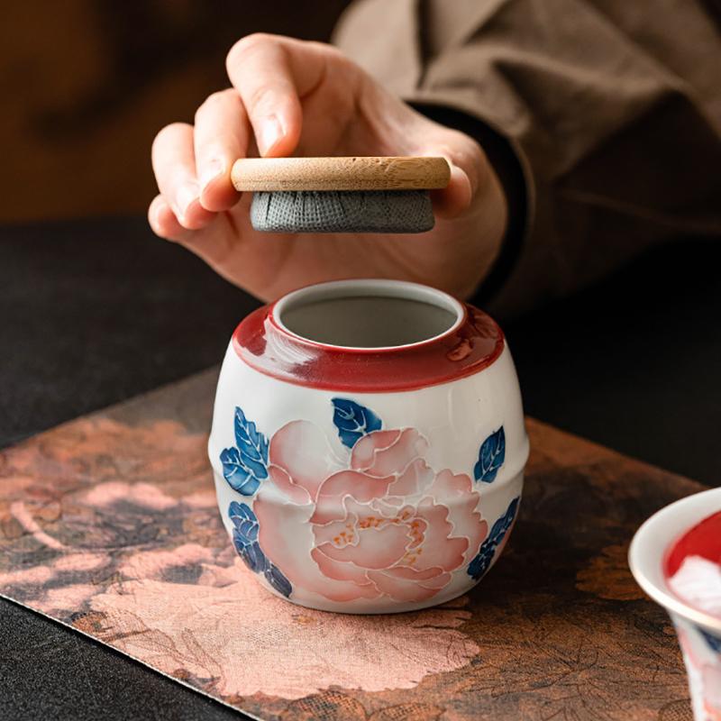 Creative Ceramic Peony Tea Canister Small Portable Candy Nuts Coffee Bean and Herb Storage Jar Moisture-Proof Sealed Container
