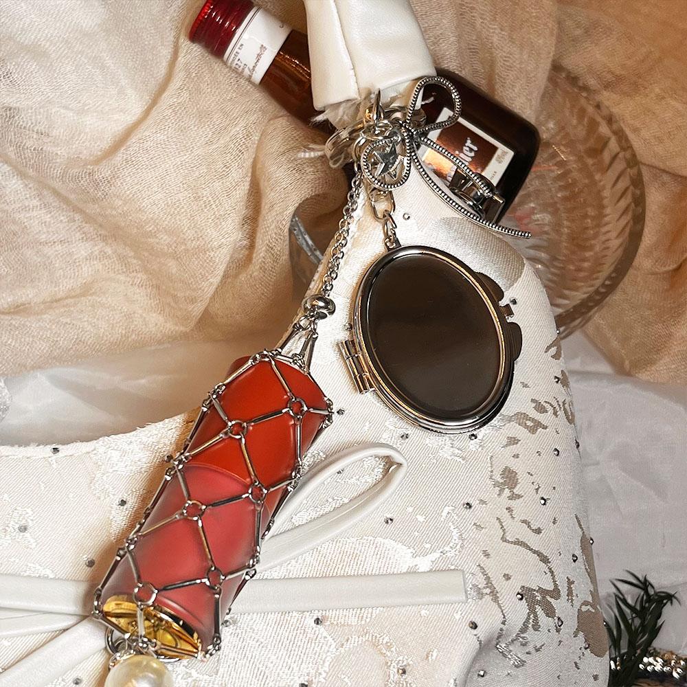 Custom Logo Y2K Popular Keychain Stainless Lipstick Pouch Mesh Portable Keyring Mirror Bag Pendant Key Chain Ring Socialite Gift