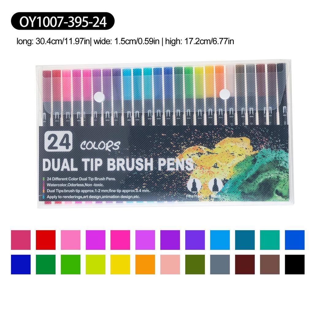 Washable Double-Ended Fineliner Paintbrush Set - Soft Tip, Non-Staining, Black Barrel, PVC Box