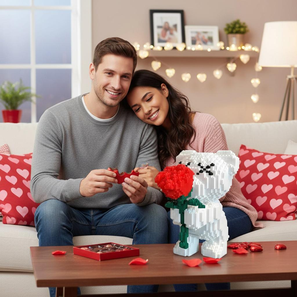 DIY Bear 3D Puzzle Building Blocks with Rose Bear Micro Building Block Toy for Kids Couple Gift Desktop Home Decorations
