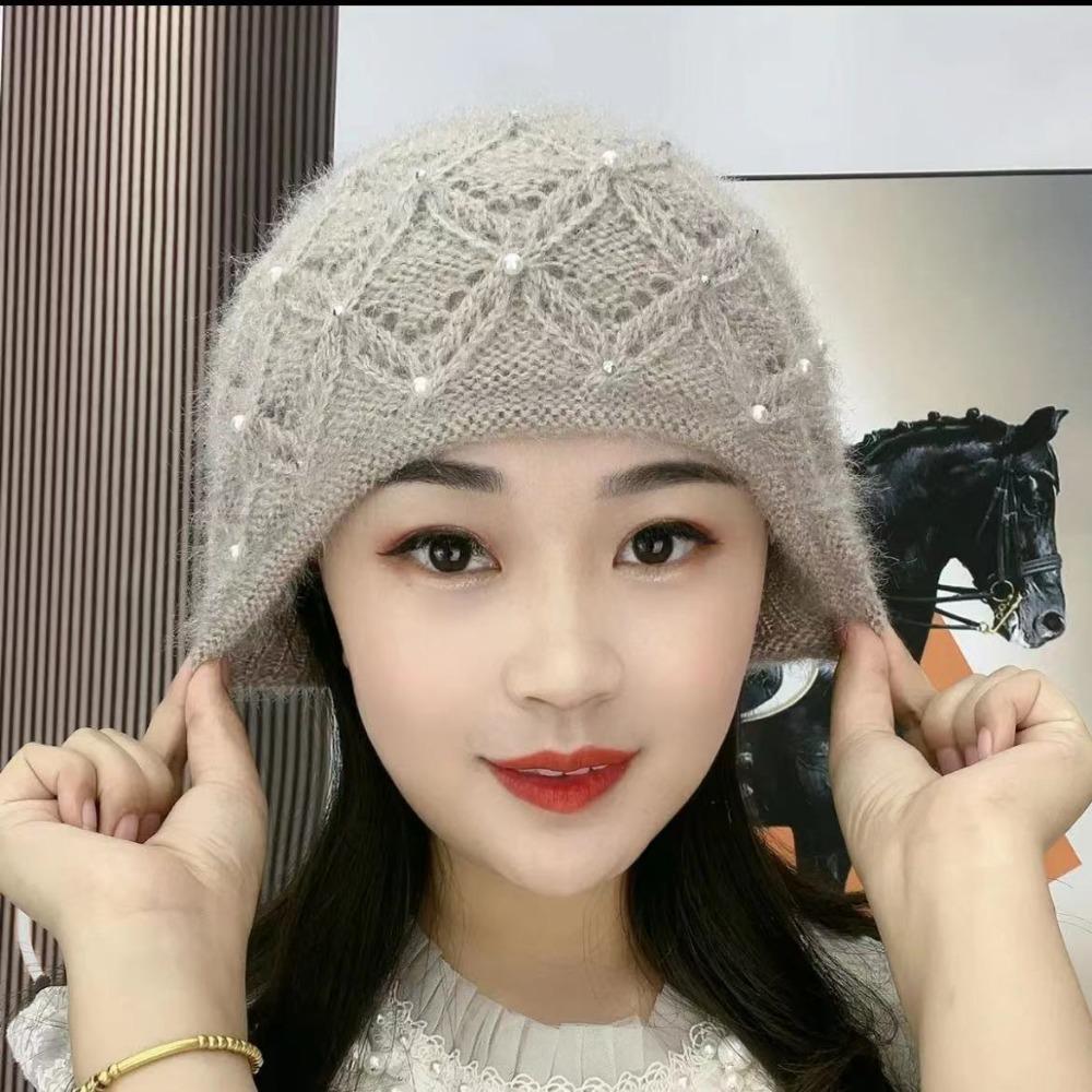 Herbst und Winter Neue Verdickte Mütze Handgewebte Perle Doppellagige Warme Strickmütze Kältefest Frostsicher und Warm Damen Baotou Mütze