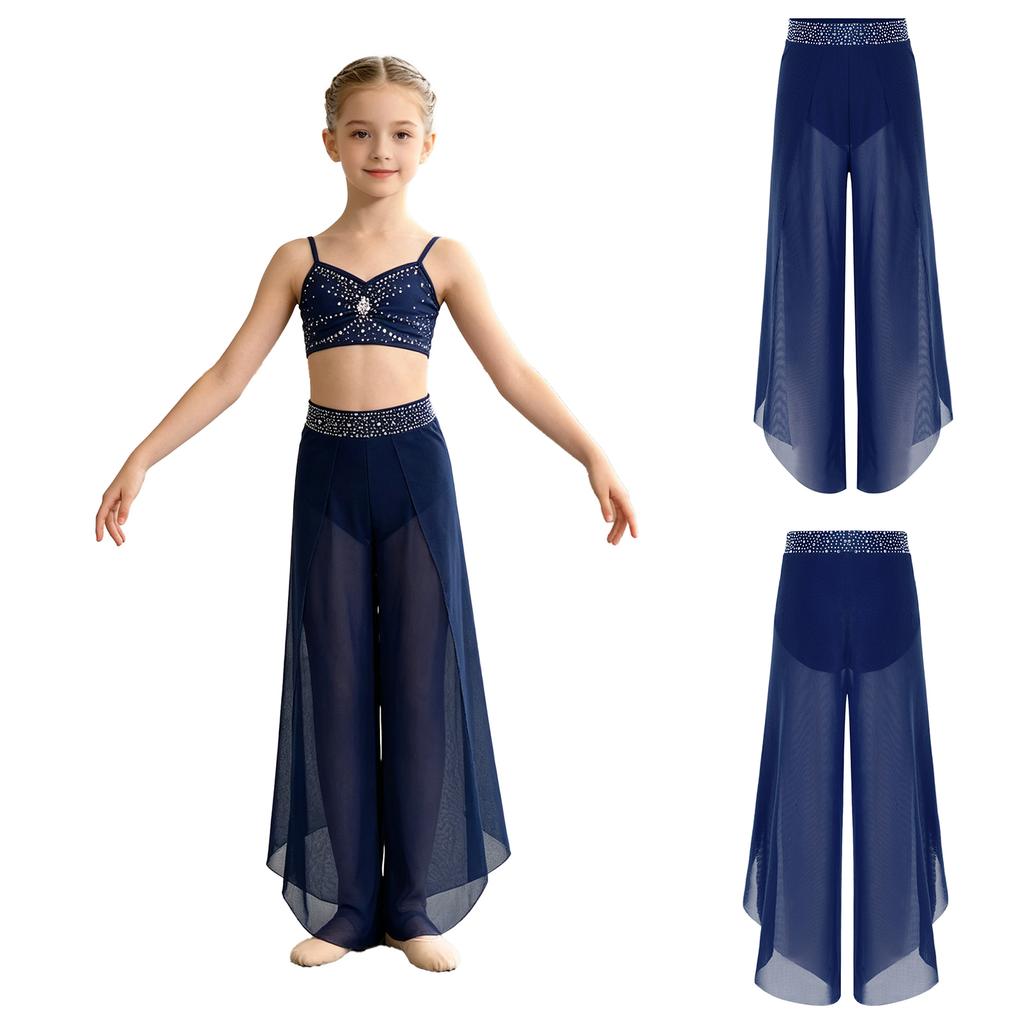Kids Girls Lyrical Dance Pants Shiny Rhinestone Waistband Side Split Mesh Trousers for Stage Performance Competition