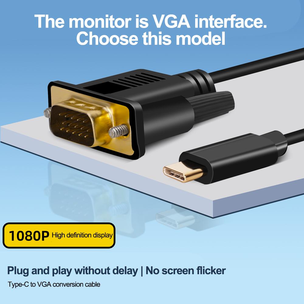 USB C 3.1 To VGA Adapter 1080P Type-C Male To VGA Male Video Converter Cable For HDTV Projector Laptop Monitor