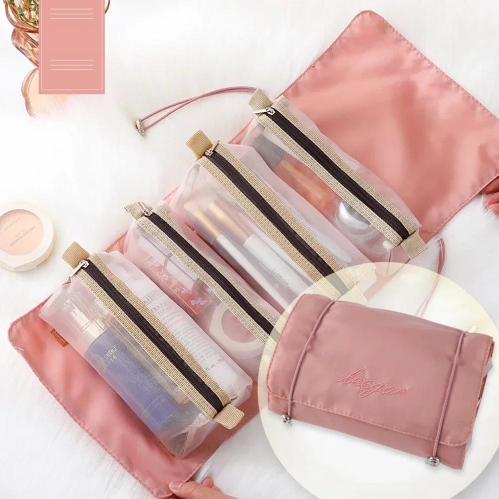4 In 1 Detachable Makeup Bag Women Zipper Mesh Large Capacity Cosmetics Pouch Foldable Portable Travel Wash Storage Bag