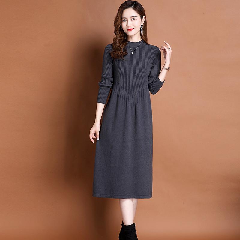 Solid-color Sweater Dress for Women's Autumn and Winter Casual Half Turtleneck Sweater A-line Dress