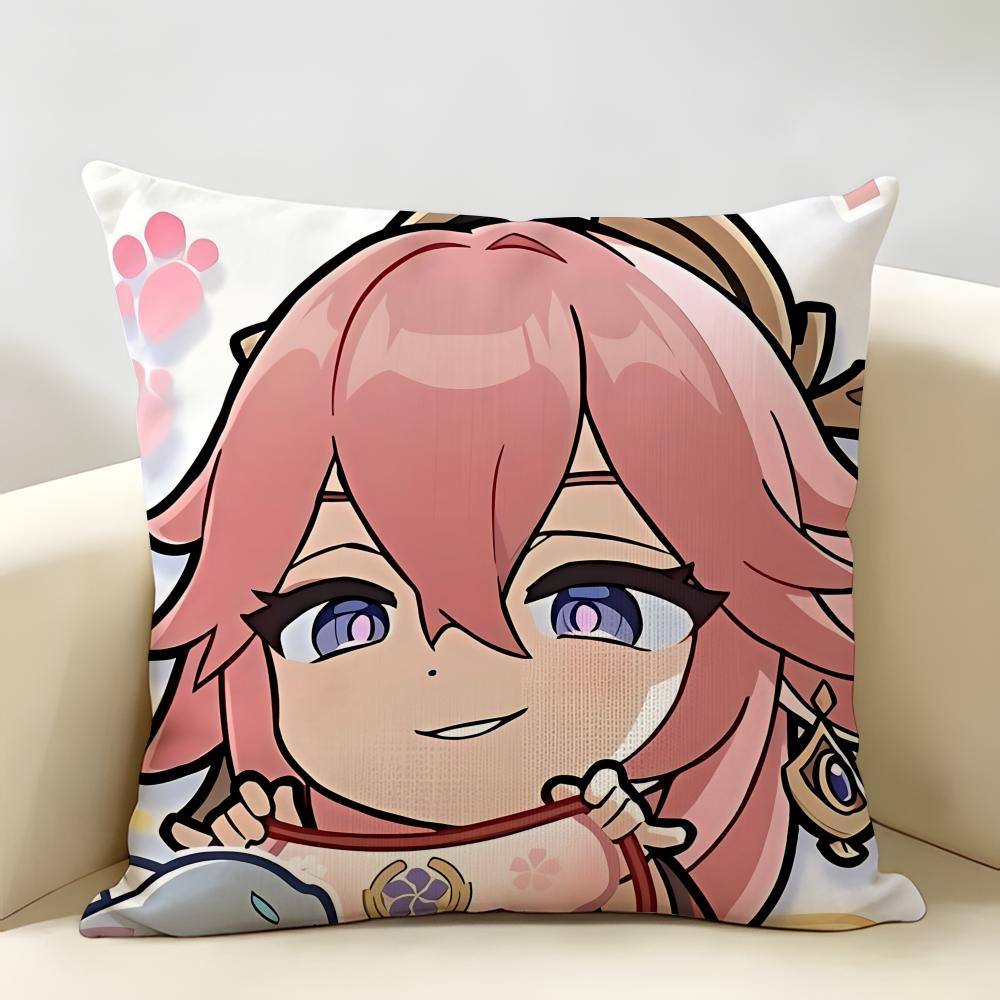 Yae Miko Cute Genshin Impact Cushion Cover Natural Linen Organic Fabric DoubleSided Printing Room Sofa Decor Pillow Case