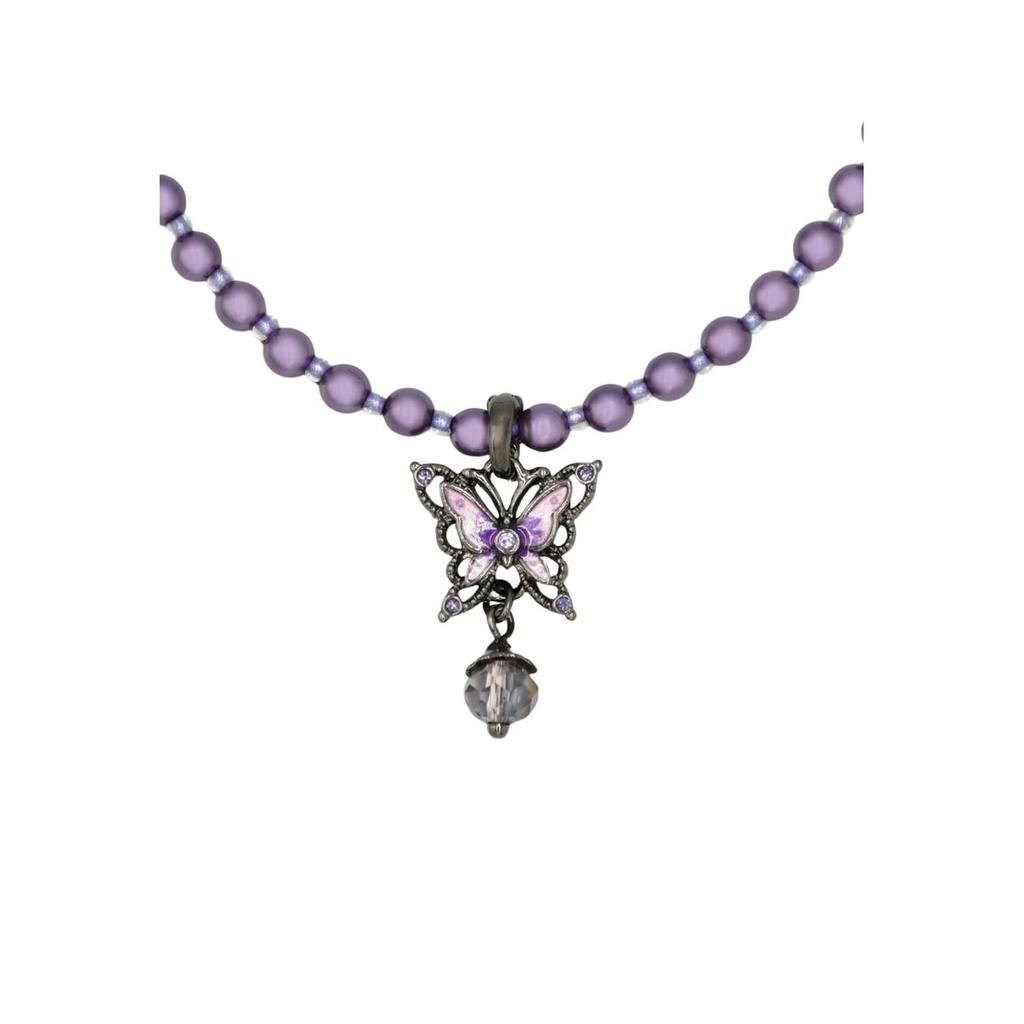 ANNA SUI Butterfly Motif Pearl Necklace Removable Charm Gunmetal Plated Choker SAMN207534XV