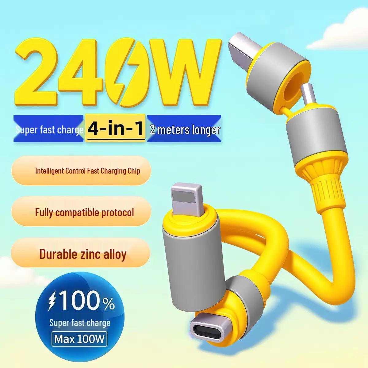 

4-in-1 Silicone Fast Charging Data Cable for Apple & Huawei Phones and Tablets 1 meter