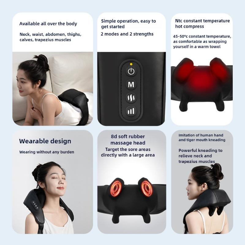 USB Rechargeable Massager for Office & Home Cordless Shiatsu Heated Neck & Shoulder Massager Relaxing Body Electric Massage Tool
