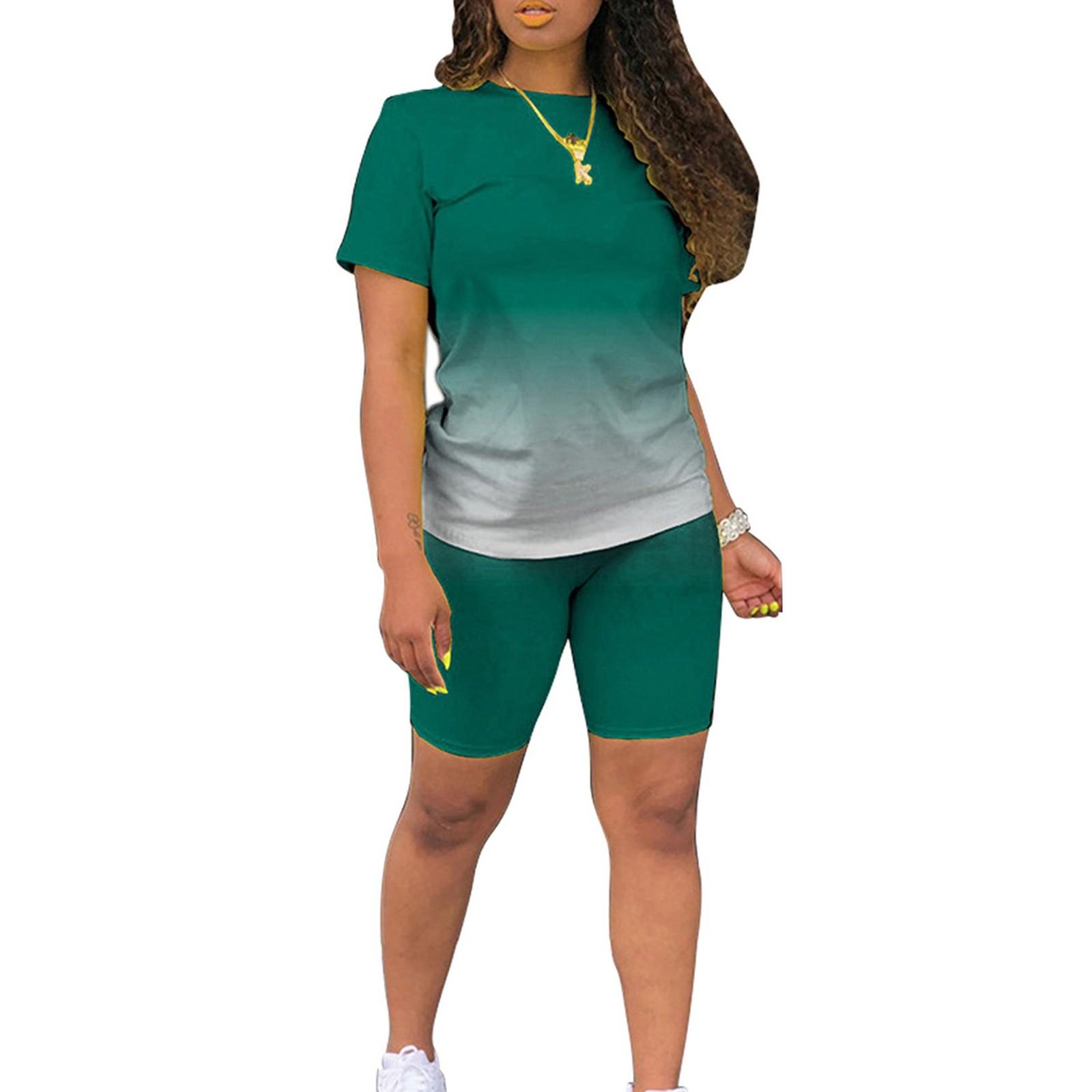 

Летние комплекты из 2 предметов для женщин, футболки с короткими рукавами, брюки, шорты, спортивный костюм с градиентом цвета, спортивная одежда XXXL зелёный