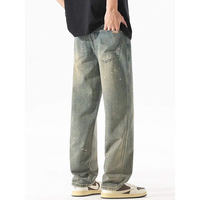 Mingge | American retro trendy brand ink splashing design jeans men's fashion loose casual wide-leg straight pants