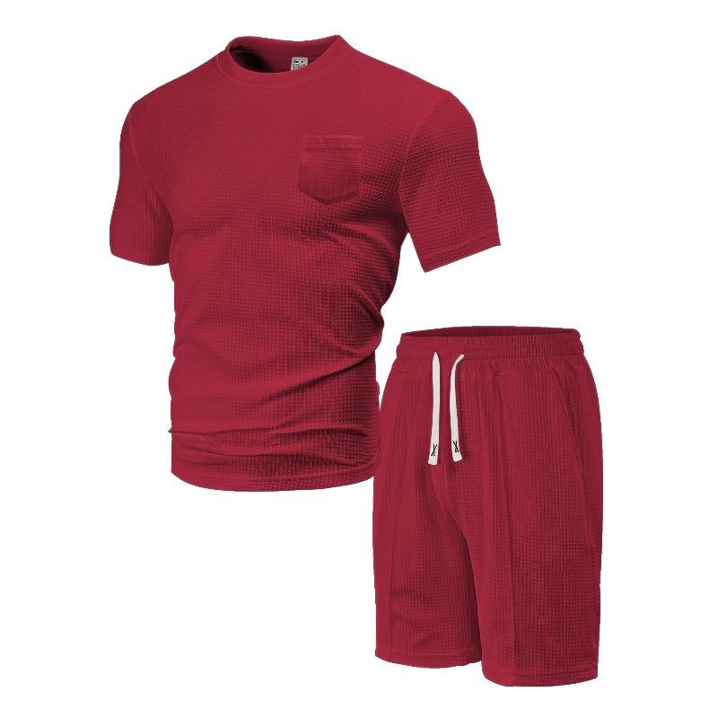 Men's New Summer Sports and Leisure Loose Thin Waffle Short-sleeved Shorts Set