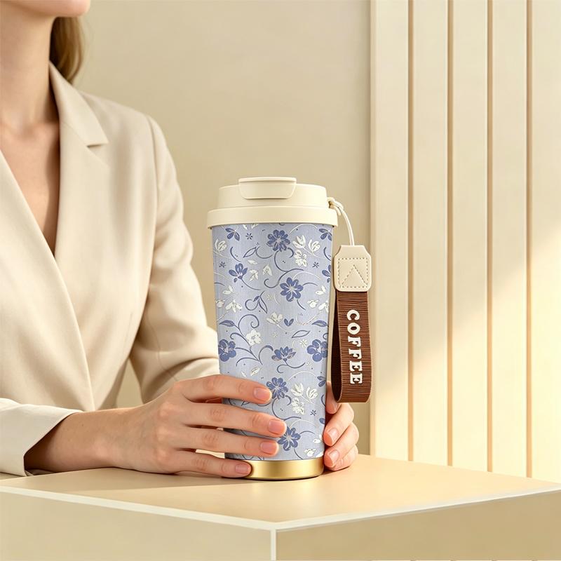 Coffee Mug 532ml Blue White Floral Vine Motif Outdoor Travel Thermos Strap Coffee Cup Unisex Commuter Coffee Mug Large Travel Coffee Cup Coffee Mug 532ml