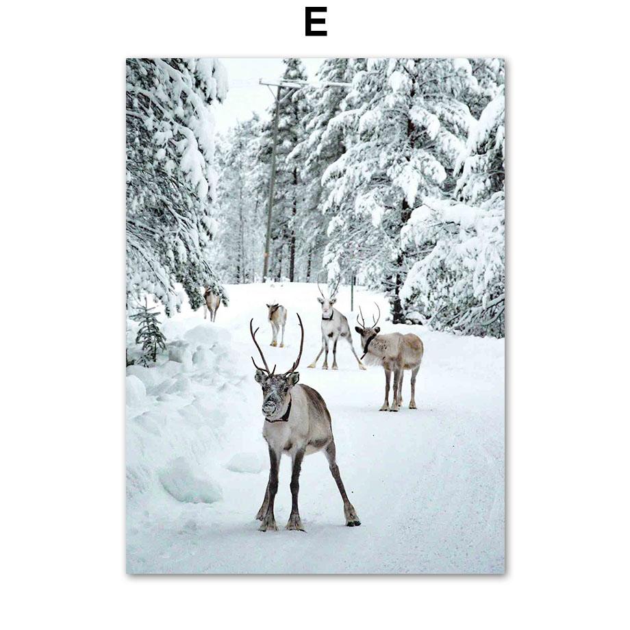 Vinter Snø Skog Fjell Furutre Elg Hjort Veggkunst Lerretsmaleri Plakater og utskrifter Veggbilder til stuedekor