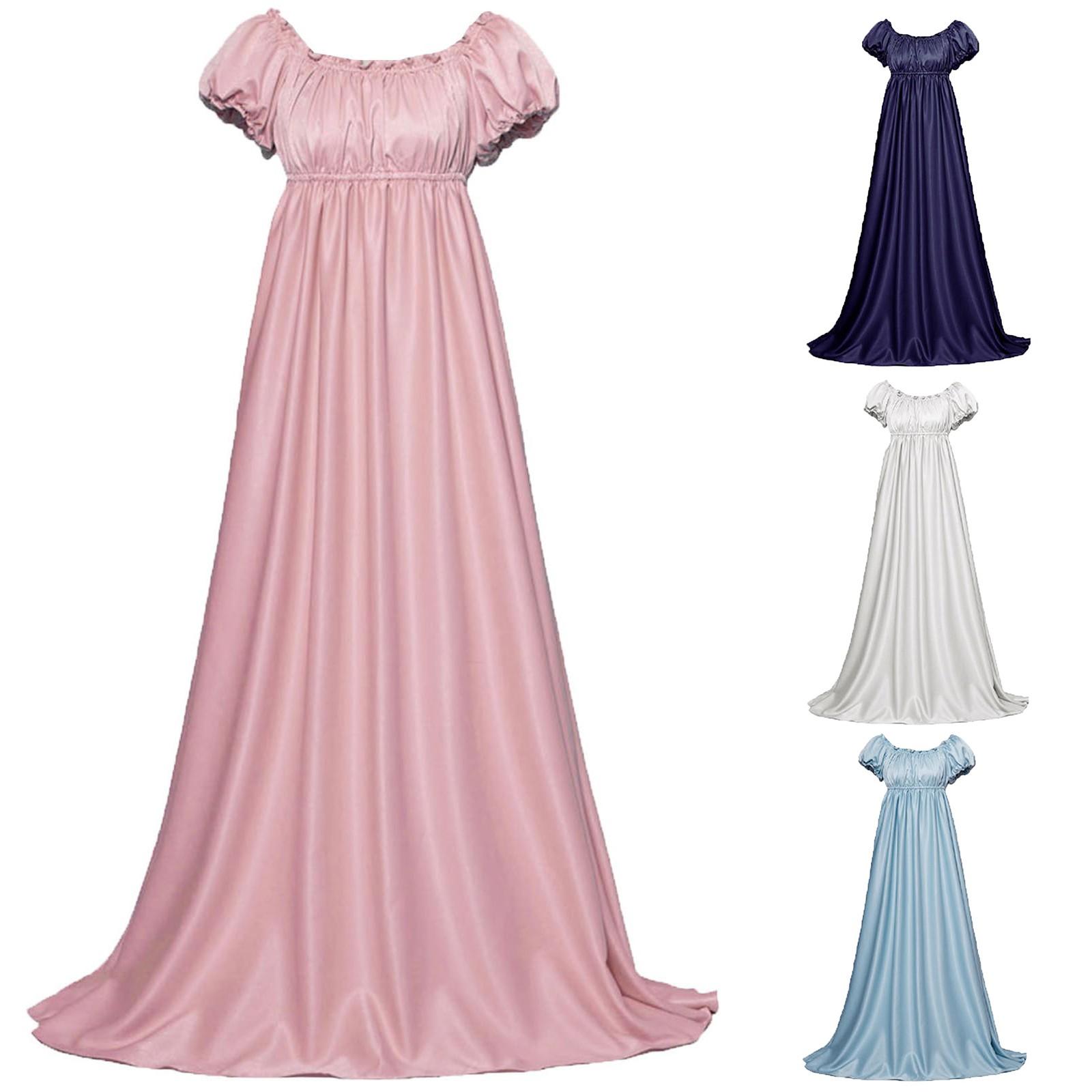 

Women Maxi Dresses Crewneck Pleated Dress Court Costume Wedding Swing Dress XS білий