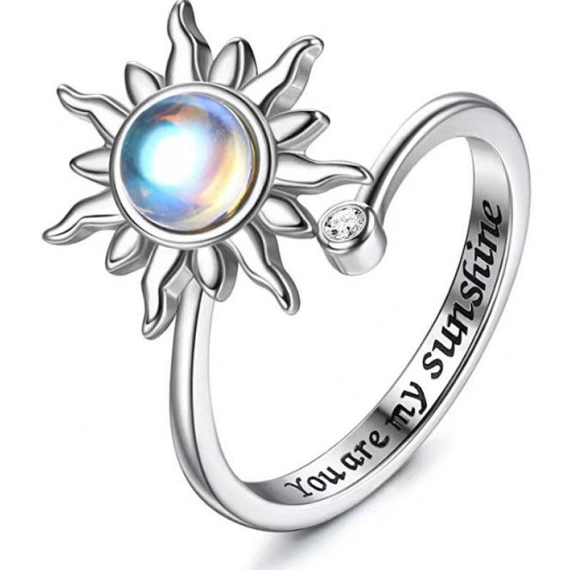 Adjustable Open Band Ring with Sunflower Design and Rotating Bead Featuring Engraved Inner Band and Decorative Accent Stone