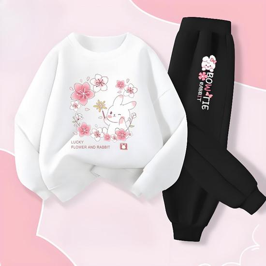 Cute Rabbit Printed Baby Girls Spring New Style Hoodies Sets Children's Sweatshirt Sweatpant Two Piece Suit Kids Outdoor Outfits