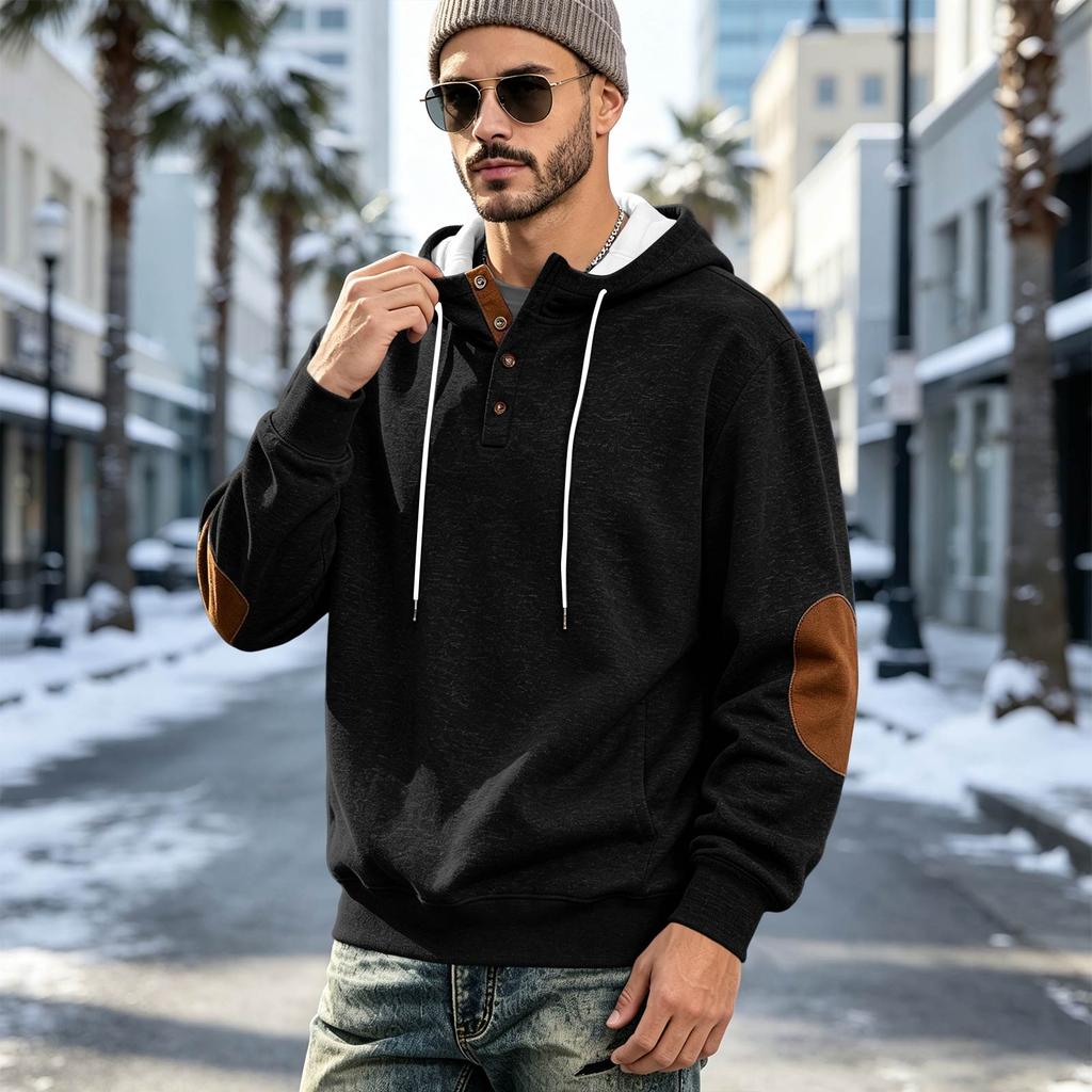Men's Pullover Hoodie with Leather Patch and Button, Casual Loose Fit