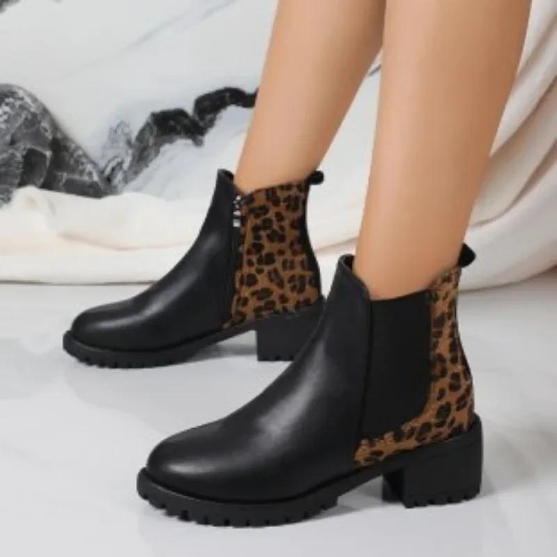 fashion Shoes Female 2024 Hot Sale Ankle Women's Boots Retro Modern Boots Women Round Toe Mixed Colors Side Zip Med Heel Ladies Shoes