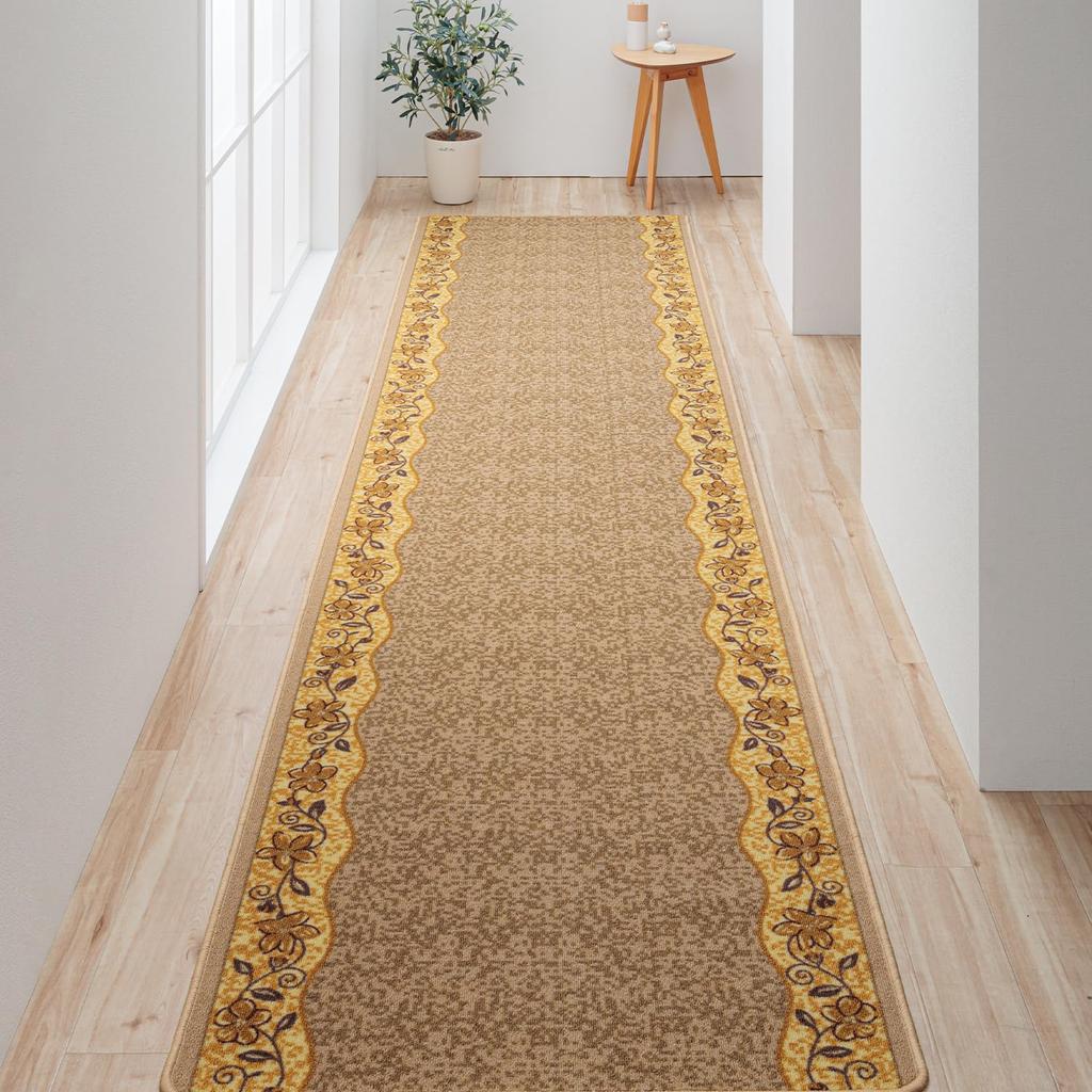IKEHIKO Hallway Rug, Liga Beige, Approx. 80 x 440cm, Floral Pattern, Soundproofing Mat #2006240