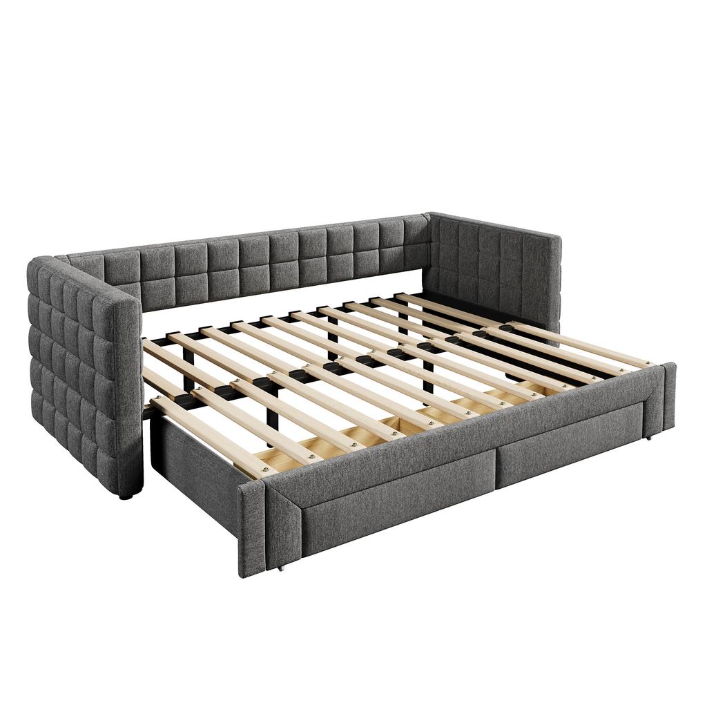 Cama de día, Cama de día, 90 x 200 cm, Sofá cama con respaldo cuadrado, Cama extraíble (Extensible a 180 Tamaño Queen), 2 Cajones, sin Colchón, Gris