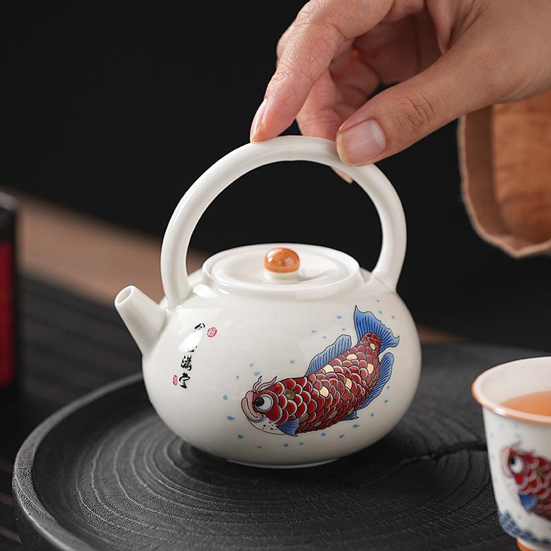 Plant Ash Goldfish Full Hall All-ceramic Beam Pot Household Chinese Teapot Kung Fu Tea Set One Pot and Two Cups