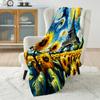 Swirling Sunflowers and Eiffel Tower Pattern Blanket Flannel Material Soft Warm for All Seasons, Home Outdoor Camping Picnics RV