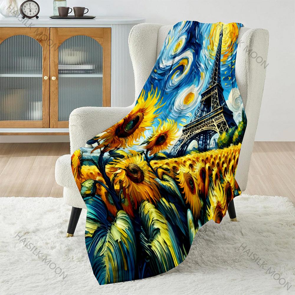 Swirling Sunflowers and Eiffel Tower Pattern Blanket Flannel Material Soft Warm for All Seasons, Home Outdoor Camping Picnics RV