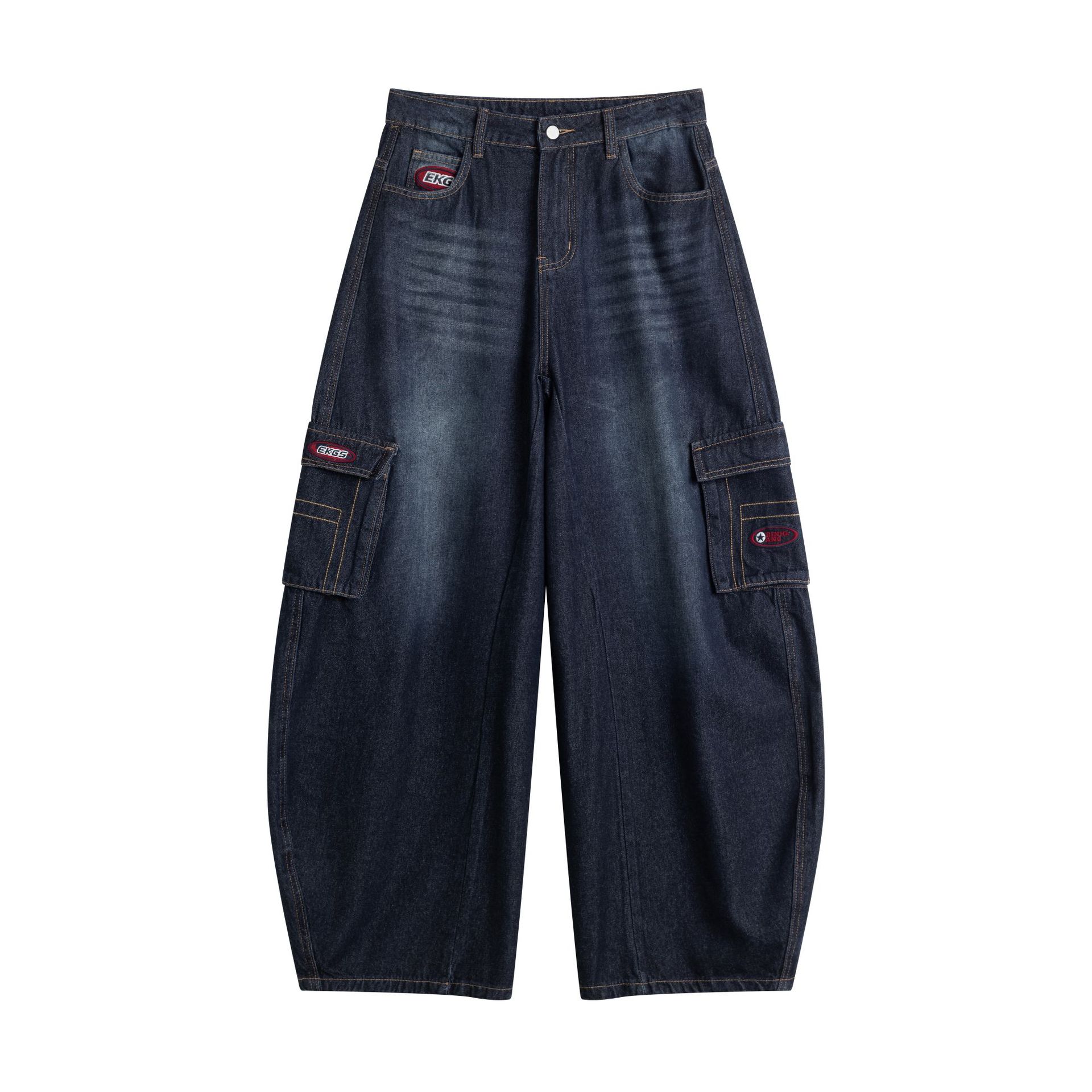 Trendy brand American loose overalls retro washed jeans straight wide-leg pants men S