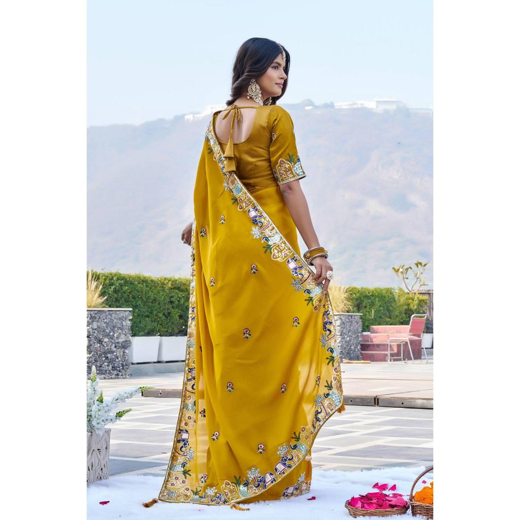 Real Modeling Collection – Premium Satin Chiffon Saree with Heavy Embroidery & Latkan Work