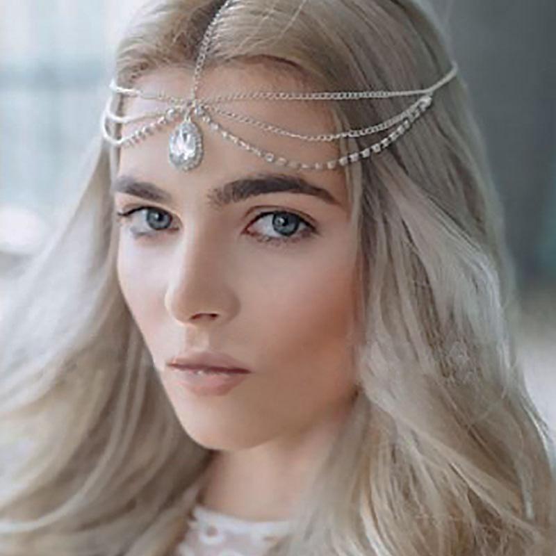 European And American Retro Fashion Hair Chain Temperament Multi-Layer Tassel Geometric Forehead Water Drop Gemstone Headband Headband Headband Female