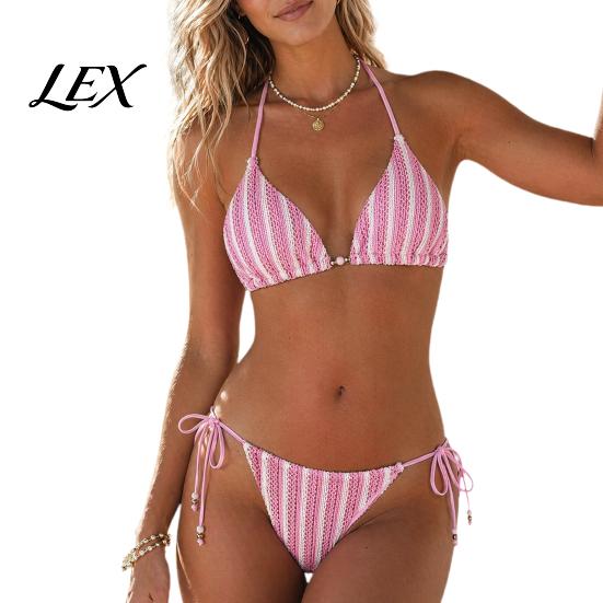 Non-slip Bikini Top 2Pcs/Set Set for Women, Knitted Hollow Fabric Halter Bra with Chest Pad Lightweight Summer Swimwear No Steel Support, Lace-up
