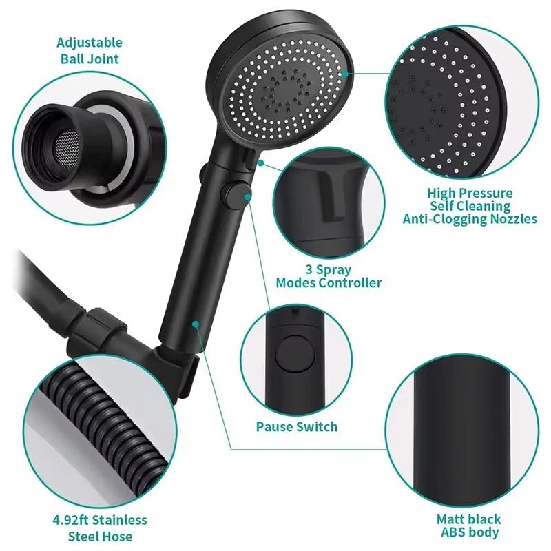ZHIYAN Matte Black ABS High Pressure Water Saving Rain Showerhead with 3 Spray Modes Handheld Showerhead Set