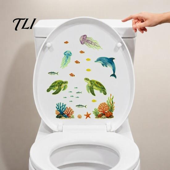 Removable Dolphin Turtle Wall Decor Ocean Themed Glow In The Dark Toilet Seat Stickers, Waterproof PVC Marine Life Decals for Nursery