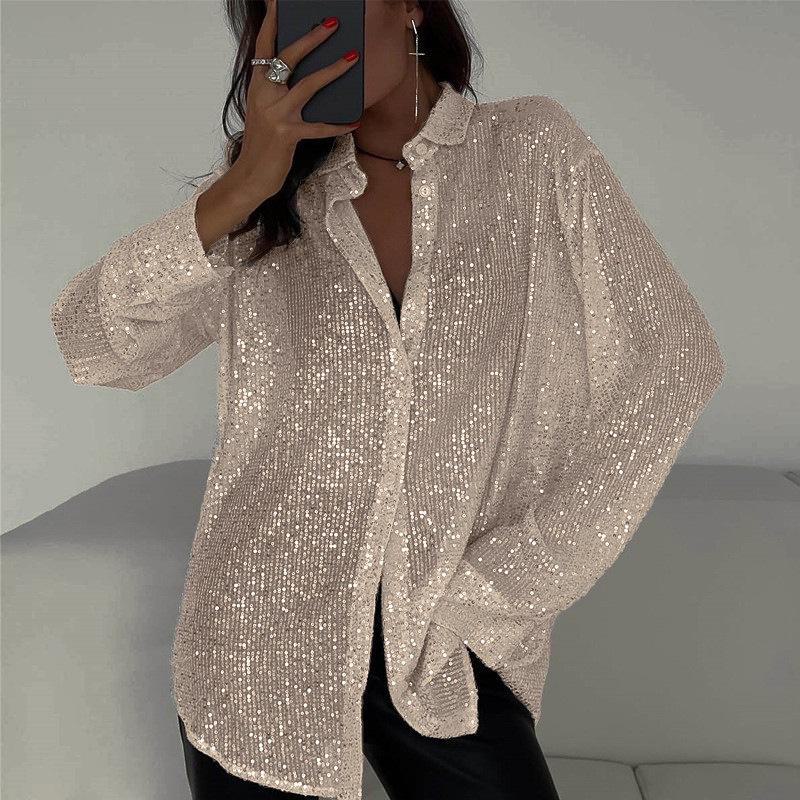 "Women's Sequin Lapel Long Sleeve Cardigan Shirt Jacket - 2024 Spring/Summer European & American Style"