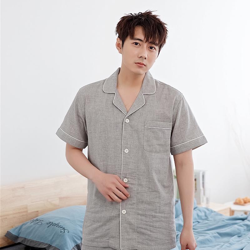Summer Pure Cotton Minimalist Double Gauze Pajama Set: Short Sleeve Top & Long Pants, Seamless Design for Couples
