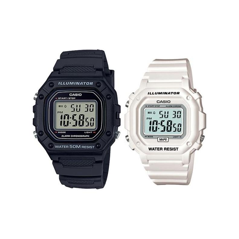 CASIO Unisex Pair Table Series Black Watch W-218H-1A+F108WHC-7B Regular Watch Box
