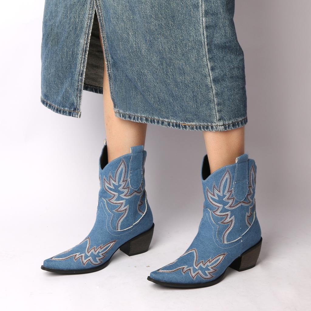 FOREADA Women Ankle Cowboy Boots Pointed Toe Chunky High Heels Embroidery Wester Short Boots Ladies Fashion Shoes Winter Red